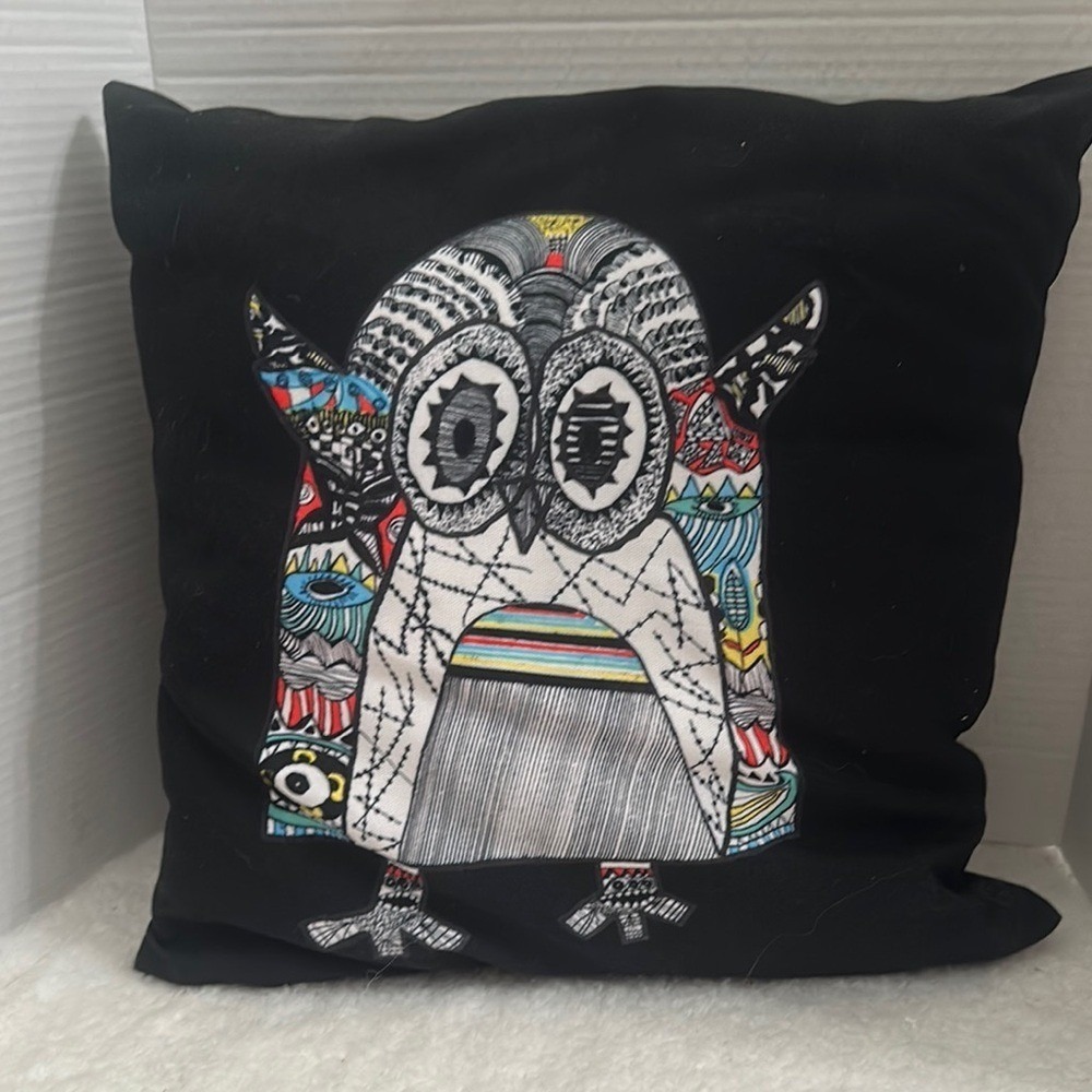 Psychedelic Owl Decorative Throw Pillow Black Canvas Boho Abstract Art Accent